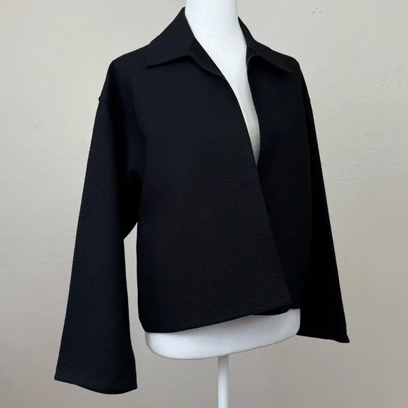 Vintage Zoran Textured Black Cotton Minimalist Boxy Open Blazer Jacket O/ S M L